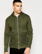 Asos Slub Zip Up Hoodie With Woven Hem In Khaki - Khaki