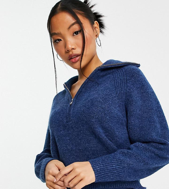 Asos Design Petite Fluffy Sweater With Zip Collar - Part Of A Set-navy