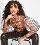 Missguided Petite Asymmetric Button Up Top With Long Sleeves In Brown Marble - Part Of A Set