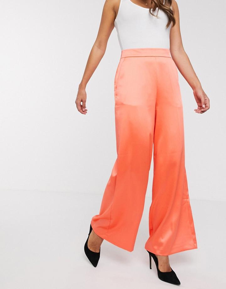 Asos Design Satin Wide Leg Pants In Coral - Orange