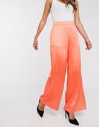 Asos Design Satin Wide Leg Pants In Coral - Orange