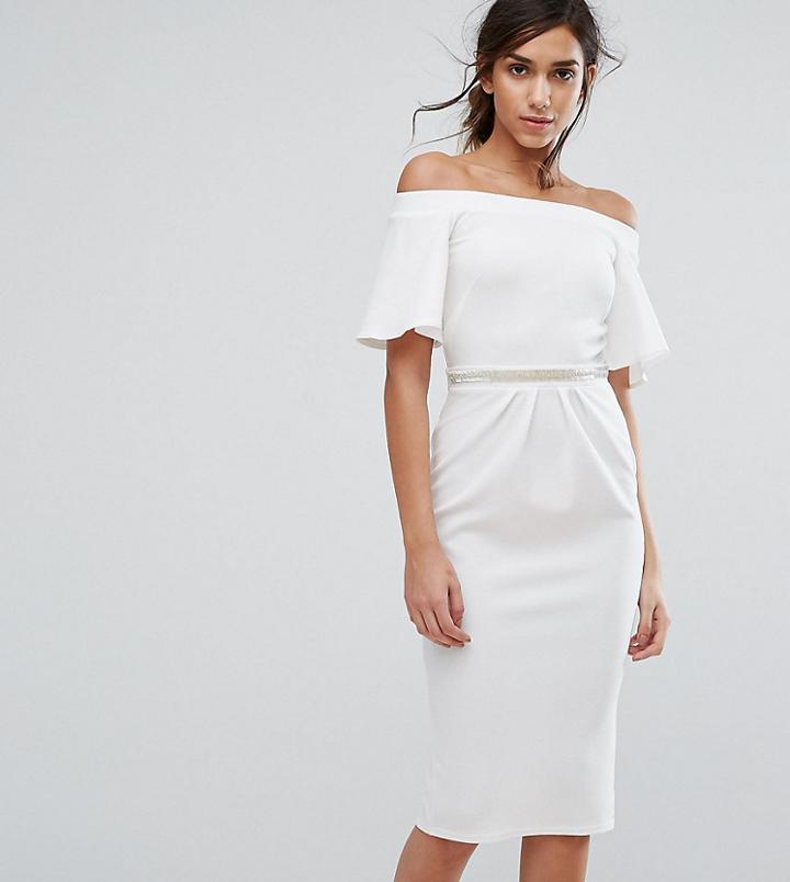 Silver Bloom Bandeau Midi Dress With Fluted Sleeve And Embellished Waist-cream