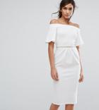 Silver Bloom Bandeau Midi Dress With Fluted Sleeve And Embellished Waist-cream