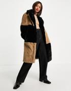 French Connection Buona Faux Fur Coat In Black And Brown Color Block-multi