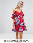 John Zack Petite Wrap Front Cold Shoulder Tea Dress In Large Floral Print - Red