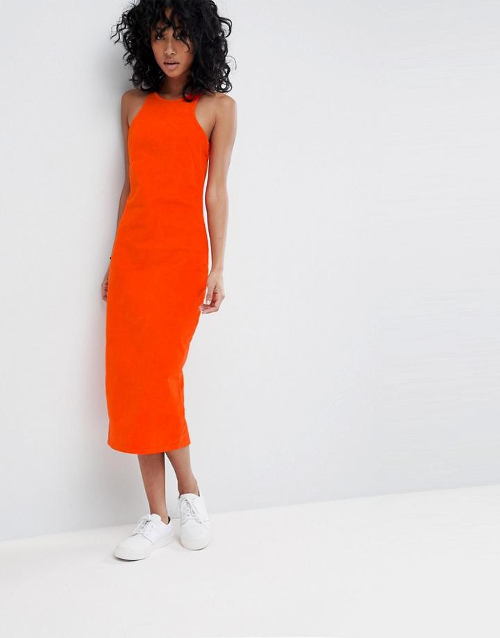 Asos Cord Midi Dress With Racer Neck In Orange - Red