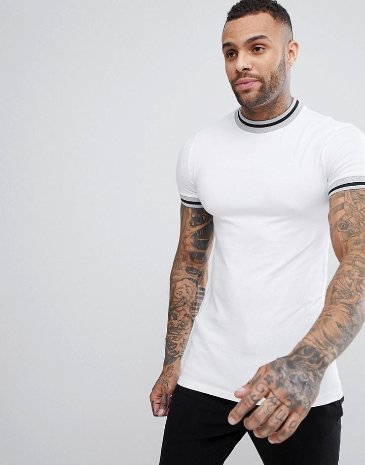 Asos Longline Muscle T-shirt In White With Silver Tipping - White