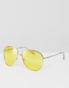 Asos Metal Aviator Sunglasses In Silver With Yellow Colored Lens - Silver