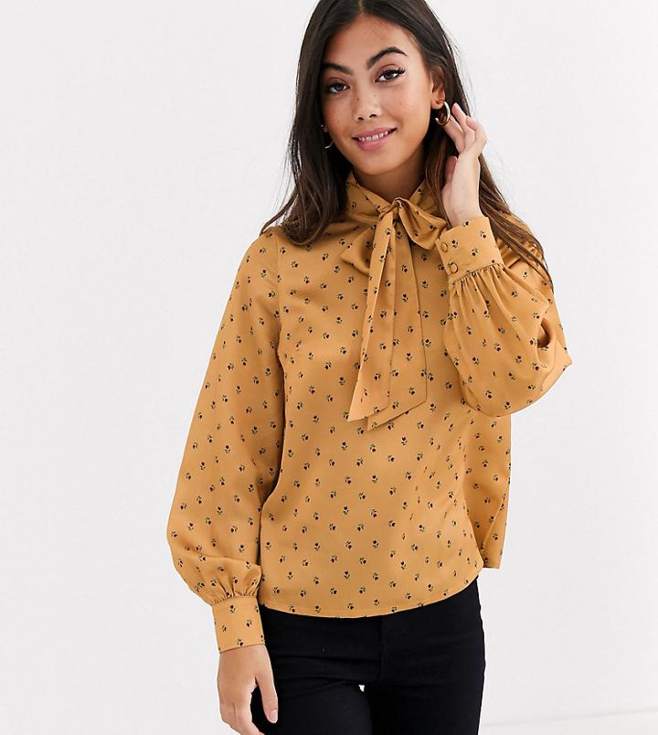 Fashion Union Petite Bow Front Blouse In Yellow Floral Satin