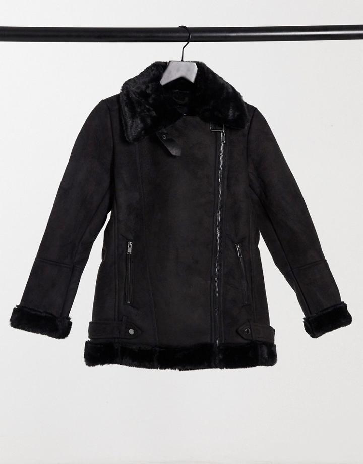 Stradivarius Faux Suede Aviator Jacket In Black