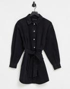 Asos Design Denim Oversized Belted Shirt Dress In Washed Black