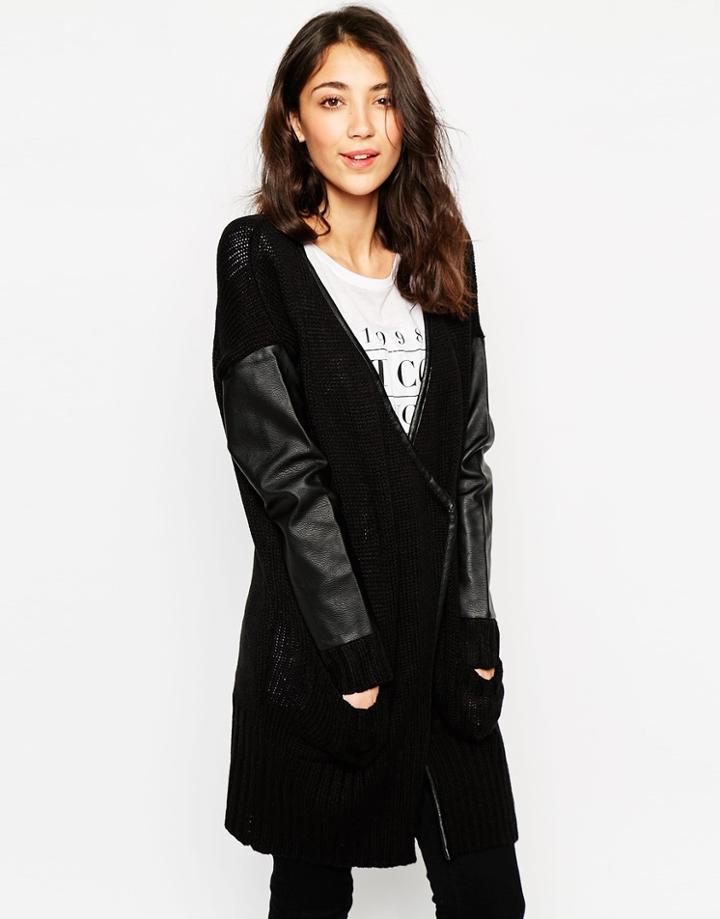 Vero Moda Asymmetric Cardigan With Pu Sleeves - Black