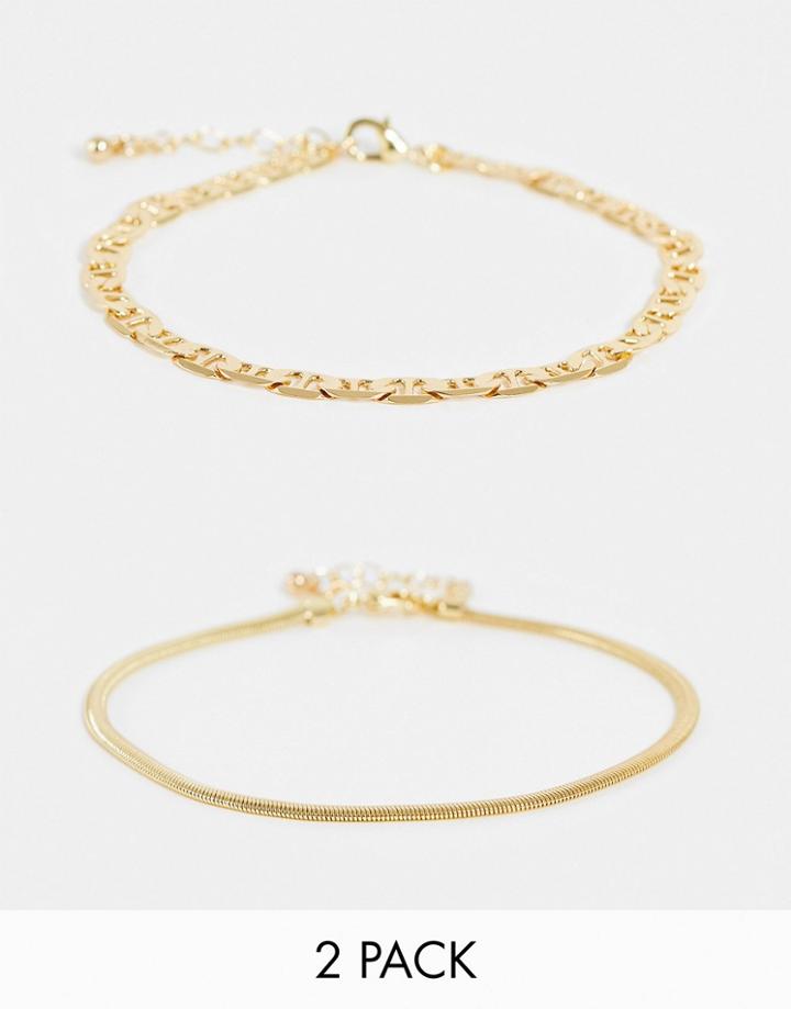 Designb London Pack Of 2 Vintage Style Chain Anklets In Gold Tone