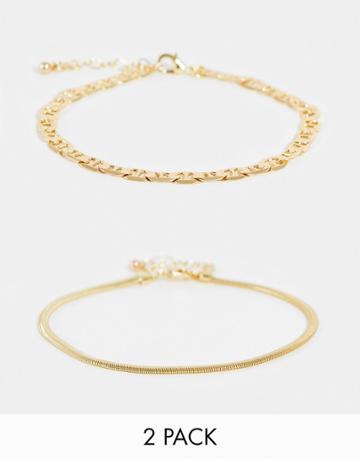 Designb London Pack Of 2 Vintage Style Chain Anklets In Gold Tone