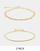 Designb London Pack Of 2 Vintage Style Chain Anklets In Gold Tone