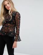 Influence Floral Top With Ruffle Detail - Black