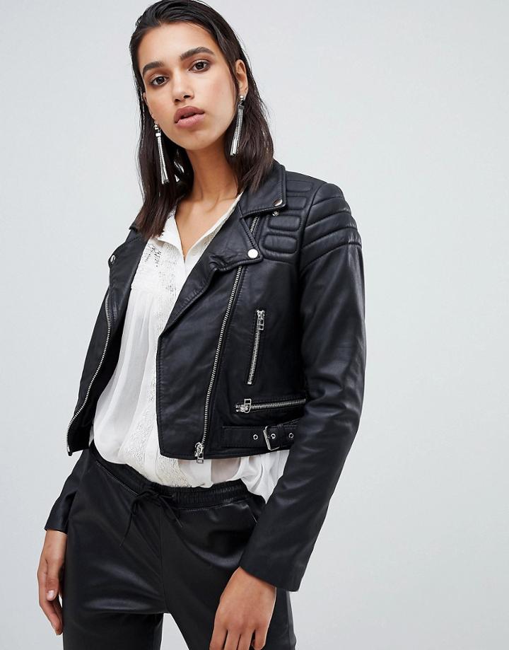 Goosecraft Cropped Leather Biker Jacket - Black