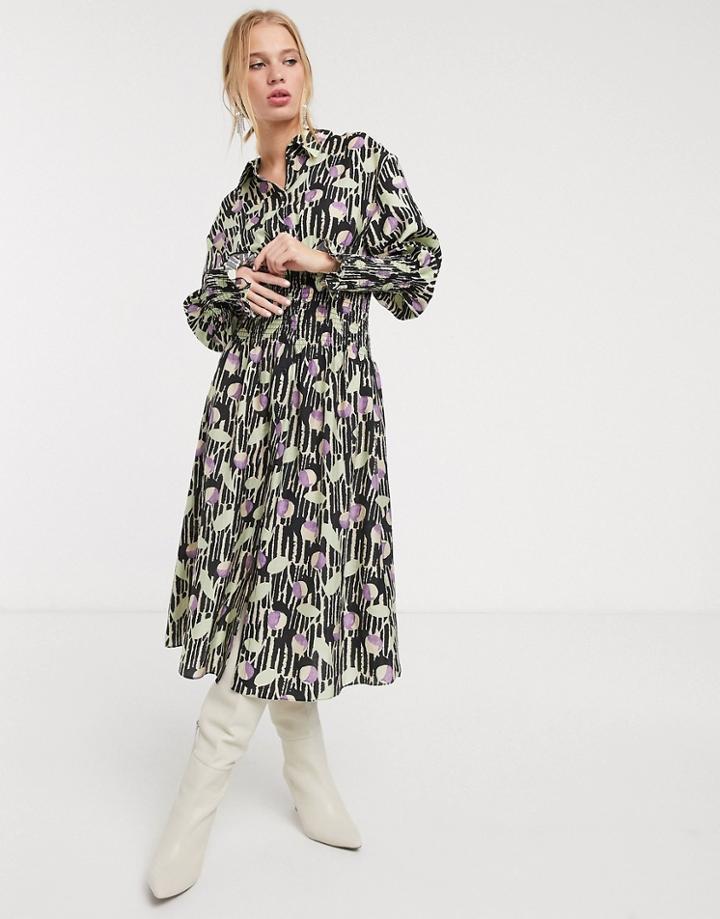& Other Stories Abstract Floral Shirred Waist Midi Dress In Multi-purple