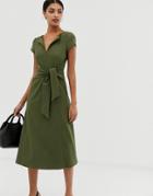 Asos Design Exposed Seam Tie Front Midi Dress-green