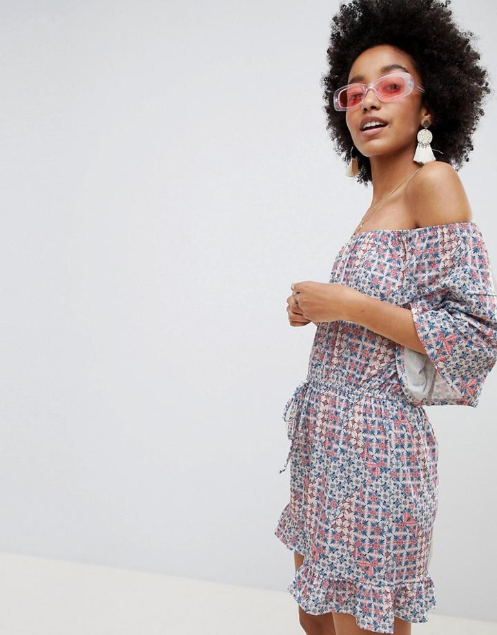 Asos Design Off Shoulder Jersey Romper With Frill Hem In Tile Print - Multi