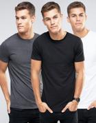 Asos 3 Pack Longline Muscle Fit T-shirt In White/black/charcoal Save - Multi