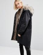 Noisy May Oversized Parka Jacket With Faux Fur Lining - Black