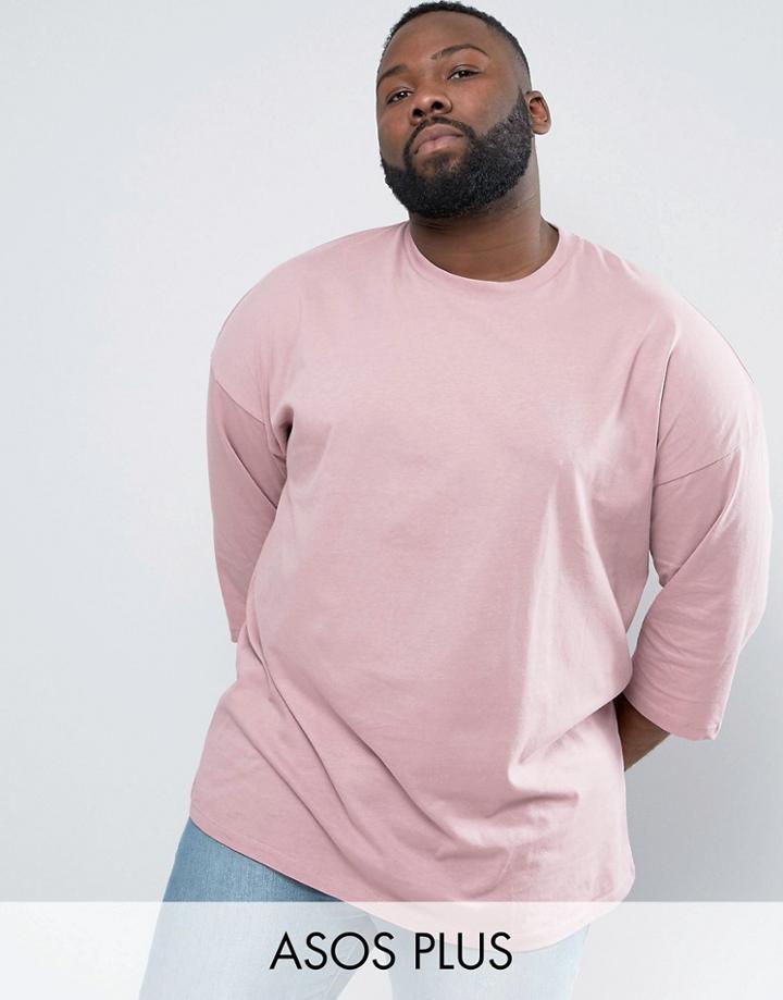 Asos Plus Oversized 3/4 Sleeve T-shirt In Pink - Pink