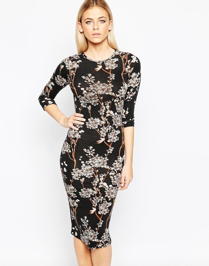 Club L Midi Dress In Blossom Print - Black