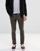 Asos Super Skinny Cotton Trousers In Dark Khaki With Knee Rips - Forest Night