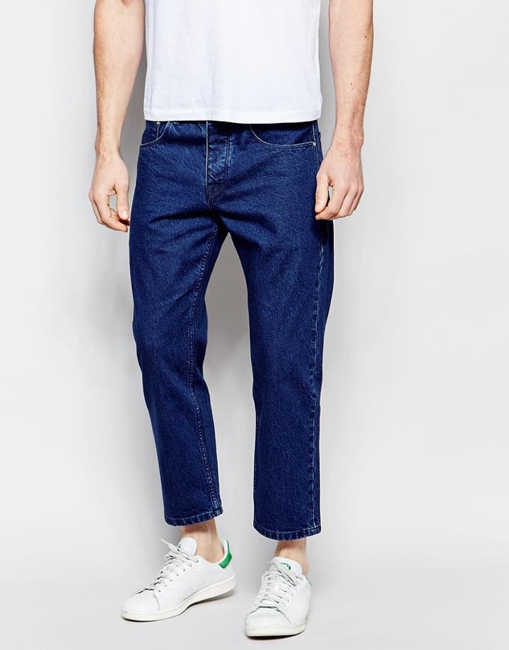 Asos Straight Jeans In Cropped Length Dark Blue - Dark Blue