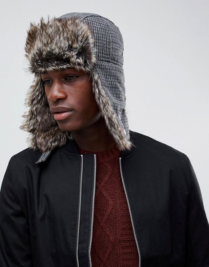 New Look Trapper Hat In Gray And Brown Check - Brown