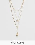 Asos Design Curve Multirow Necklace With Celestial Charms And Delicate Lariat Profile In Gold - Gold