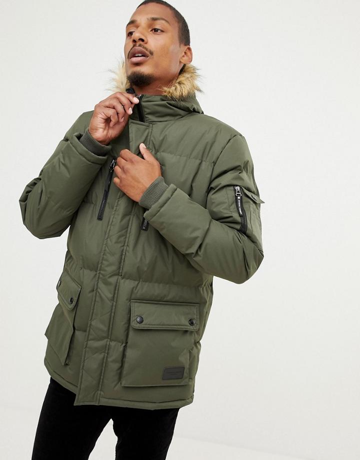 Criminal Damage Eskimo Faux Fur Hood Parker Coat - Green