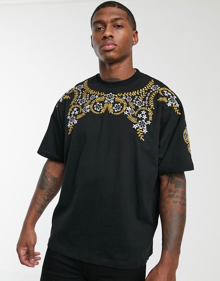 Asos Design Oversized T-shirt With Front And Sleeve Embroidery-black