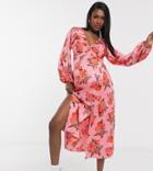 Asos Design Maternity Satin Midi Dress With Ruffle Neck And Balloon Sleeves In Bright Pink Floral Print-multi