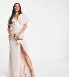 Asos Design Tall Bridesmaids Blouson Sleeve Maxi Dress With Satin Chevron Waistband And Button Back In Blush-pink