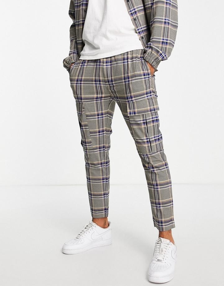 Topman Skinny Cargo Check Pants In Blue And Stone-blues