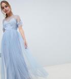 Asos Design Petite Bridesmaid Lace And Dobby Mesh Overlay Maxi Dress - Green