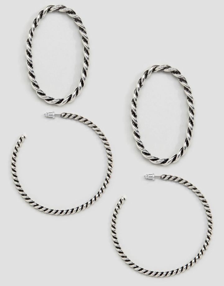 Asos Pack Of 2 Twist Large Hoop Earrings - Silver