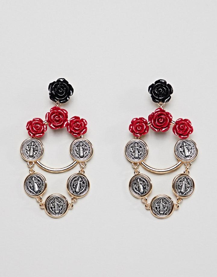 Asos Design Rose And Coin Chain Drop Earrings - Gold