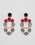 Asos Design Rose And Coin Chain Drop Earrings - Gold