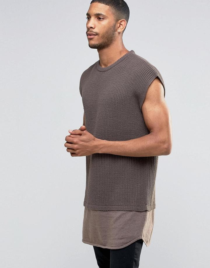 Asos Oversized Sleeveless Crew Sweater With Contrast Jersey Hem - Brown