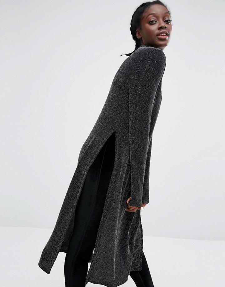 Monki High Neck Metallic Side Split Tunic Top - Black