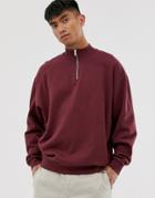 Asos Design Oversized Sweatshirt With Half Zip In Burgundy-red