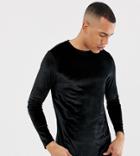 Asos Design Tall Longline Long Sleeve T-shirt In Velour With Curved Hem In Black - Black