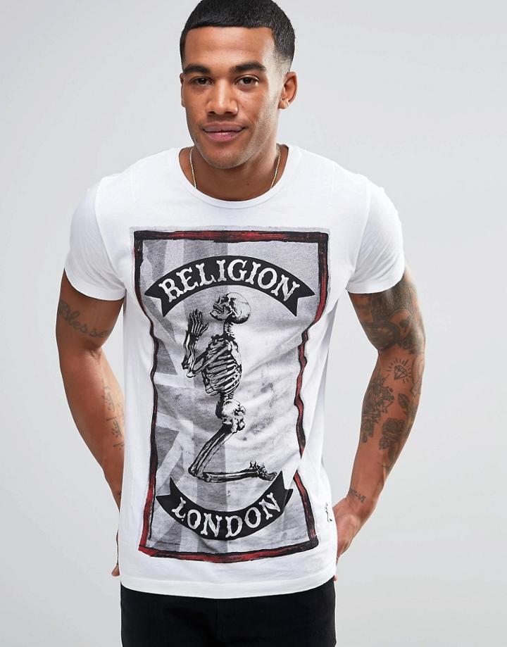 Religion Praying Skeleton Union Jack T-shirt - White