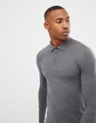 Asos Design Muscle Fit Long Sleeve Polo In Gray - Gray