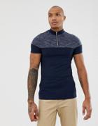 Asos Design Muscle Fit T-shirt With Turtle Zip Neck And Contrast Yoke In Navy - Navy