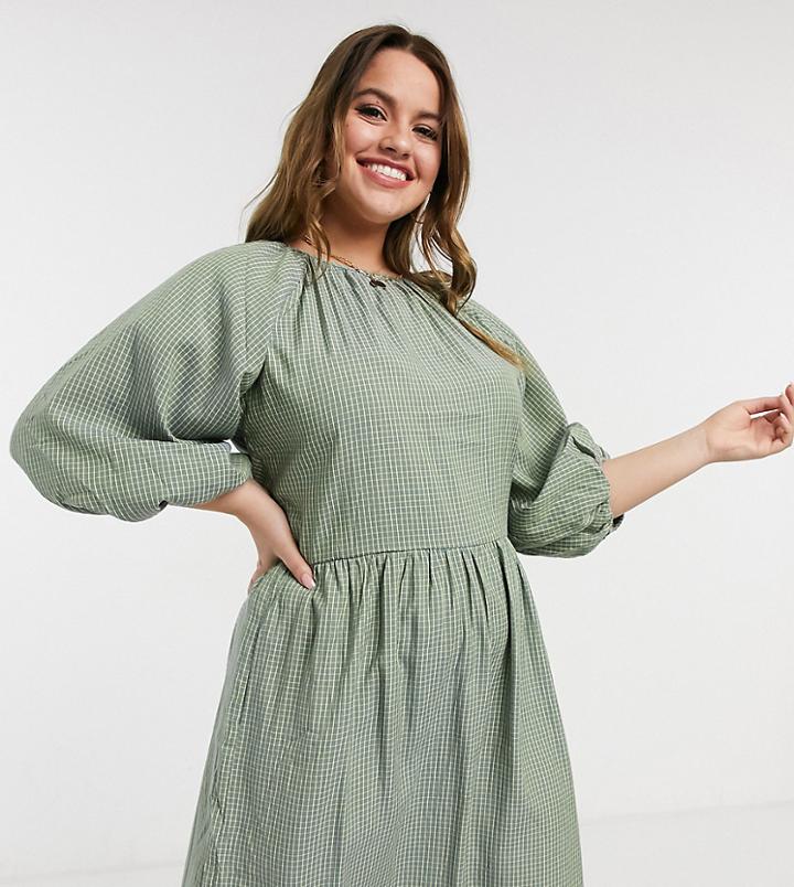 Missguided Plus Smock Dress With Puff Sleeve In Green Check