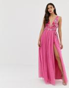 Dolly & Delicious 3d Applique Embellished Plunge Front Maxi Dress With Thigh Split In Pink - Pink